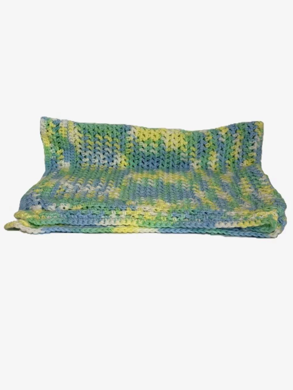 Handmade Crochet Baby Blanket Blue Green Yellow White Grandmacore Nursery Throw